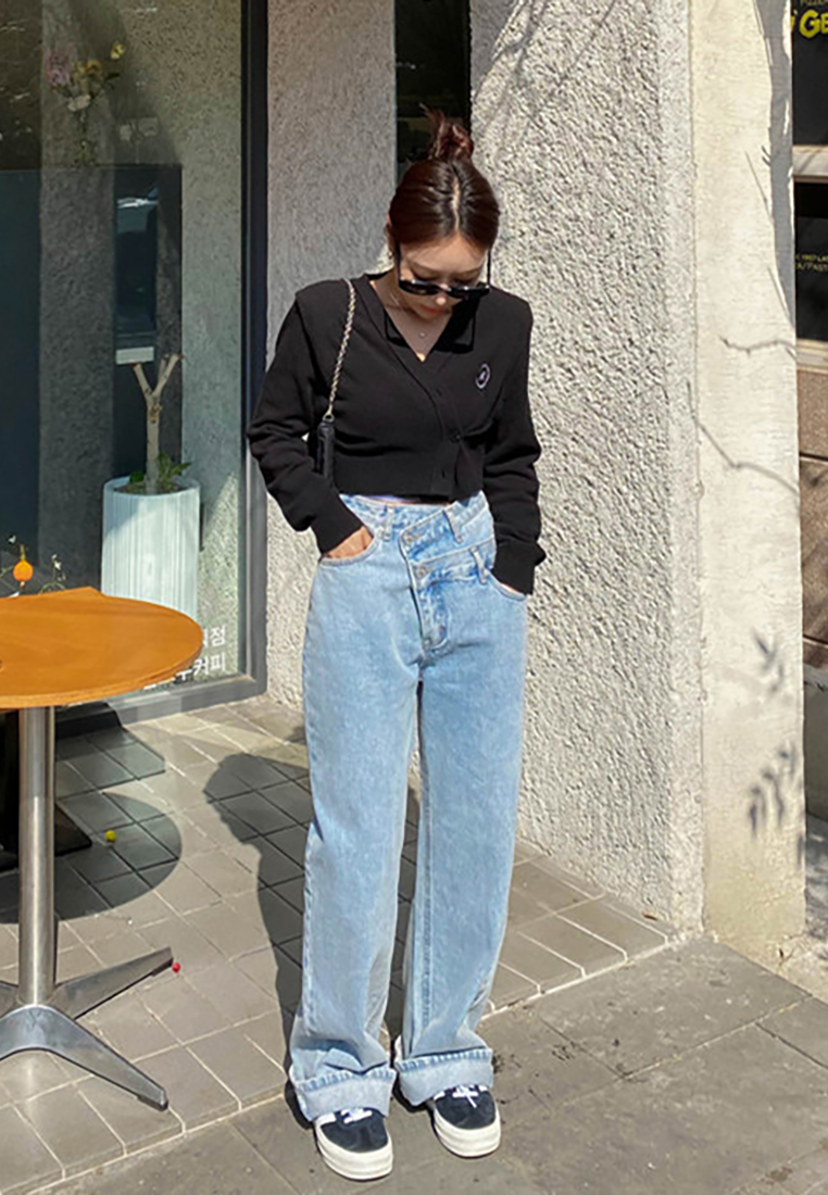 2025 New Asymmetric Slant-Breasted 2-Button Straight Jeans CA25022405BL