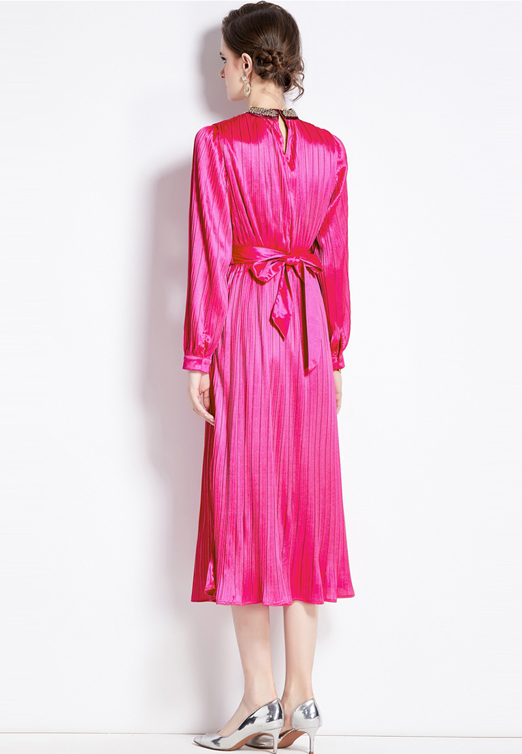 2024 round neck long sleeved nail bead lace up style dress CA24073105RD