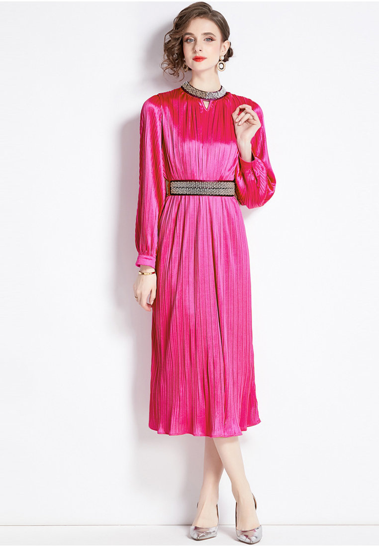 2024 round neck long sleeved nail bead lace up style dress CA24073105RD