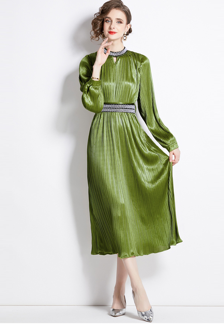 2024 round neck long sleeved nail bead lace up style dress CA24073105RD