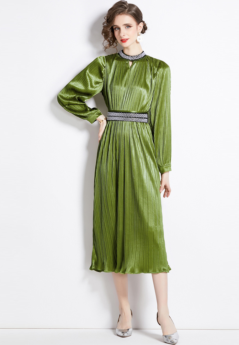 2024 round neck long sleeved nail bead lace up style dress CA24073105RD