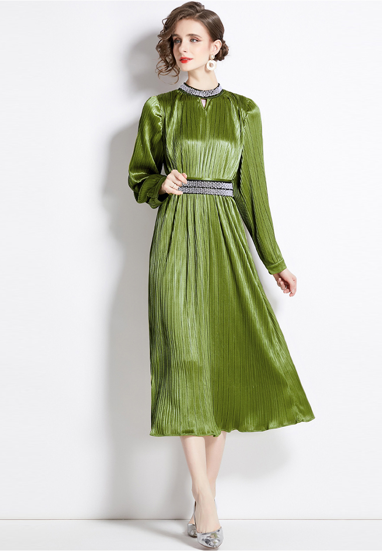 2024 round neck long sleeved nail bead lace up style dress CA24073105RD