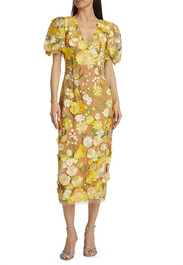 New 3D Flower Embroidered V-Neck Puff Sleeve Dress CA25101605YE