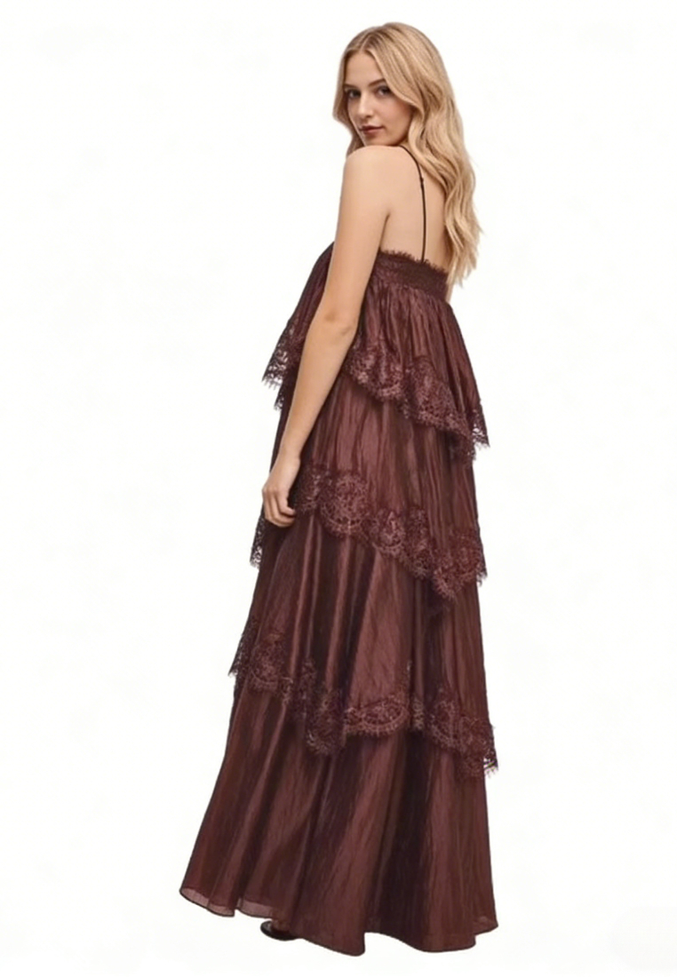 Vintage Ruffle Lace Cami Long Dress Flowy A-Line Beach Casual Maxi Dress K26040906