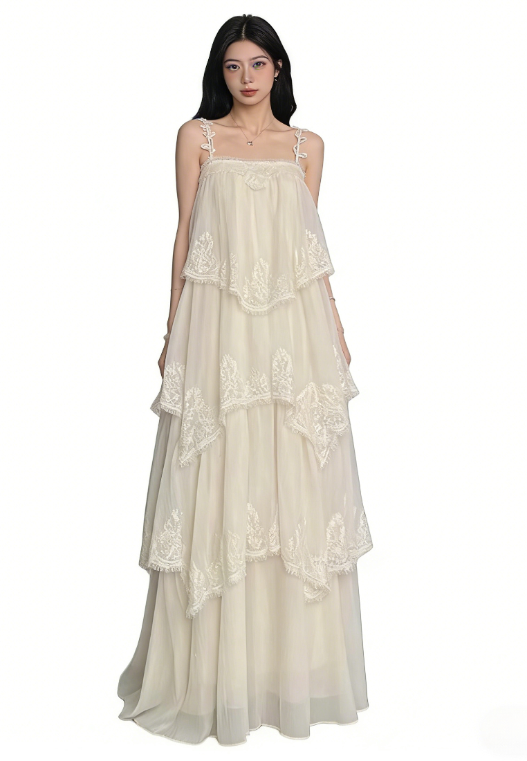 Vintage Ruffle Lace Cami Long Dress Flowy A-Line Beach Casual Maxi Dress K26040906