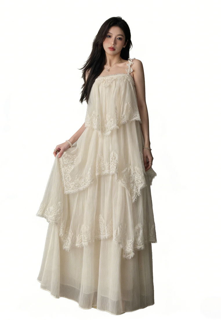 Vintage Ruffle Lace Cami Long Dress Flowy A-Line Beach Casual Maxi Dress K26040906