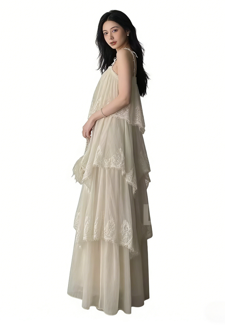 Vintage Ruffle Lace Cami Long Dress Flowy A-Line Beach Casual Maxi Dress K26040906