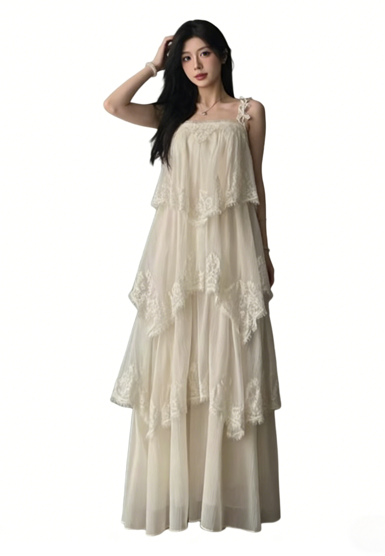 Vintage Ruffle Lace Cami Long Dress Flowy A-Line Beach Casual Maxi Dress K26040906