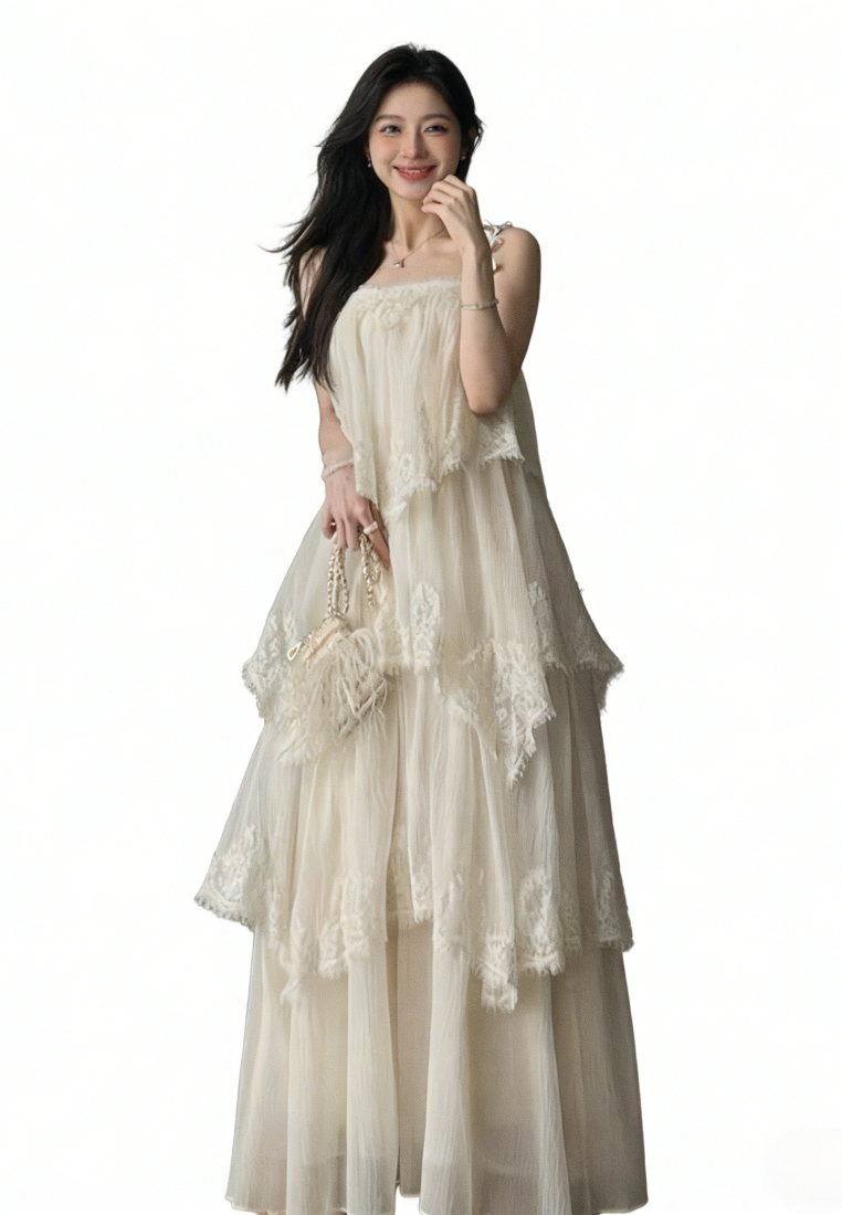 Vintage Ruffle Lace Cami Long Dress Flowy A-Line Beach Casual Maxi Dress K26040906