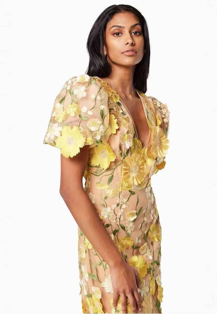 New 3D Flower Embroidered V-Neck Puff Sleeve Dress CA25101605YE