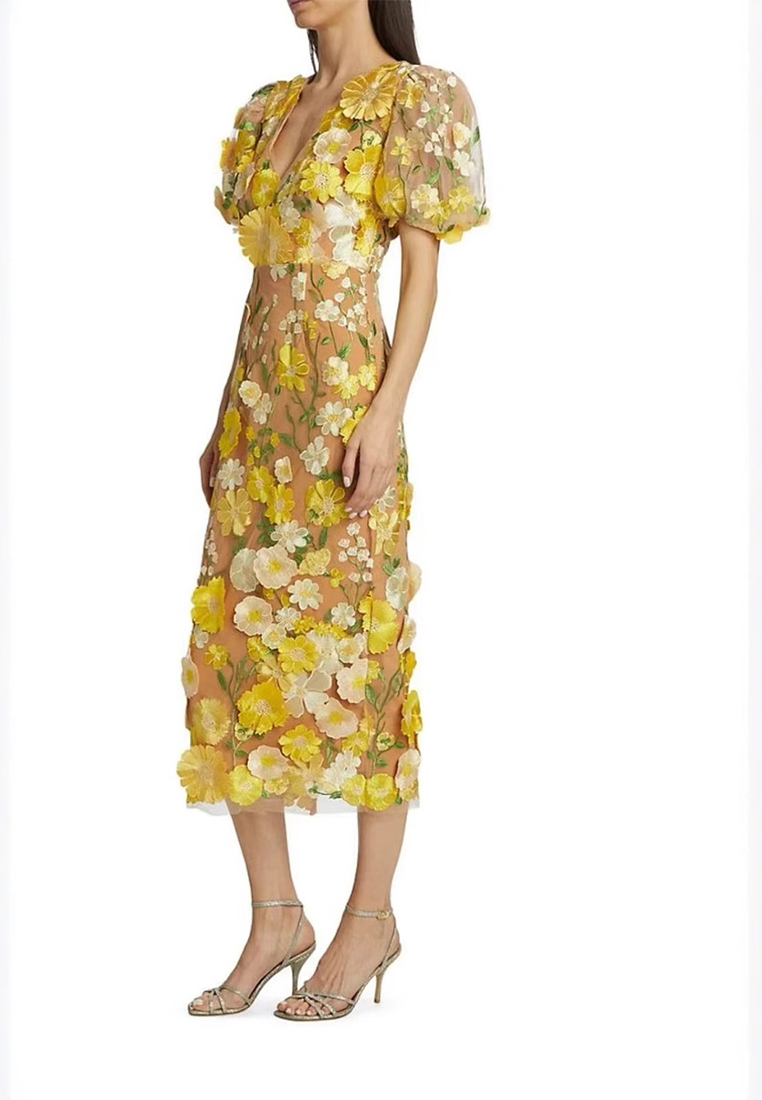 New 3D Flower Embroidered V-Neck Puff Sleeve Dress CA25101605YE
