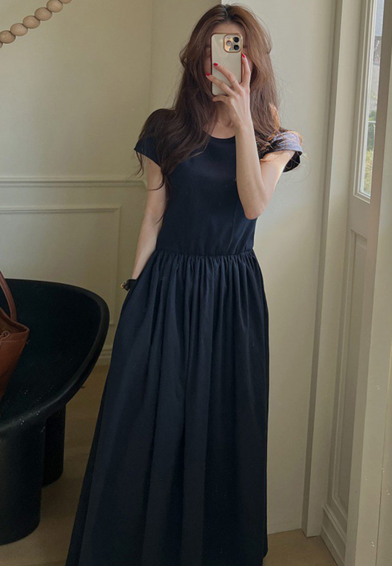 New chic round Neck Pleated Large Simple Graceful Short Sleeve long T shirt Dress