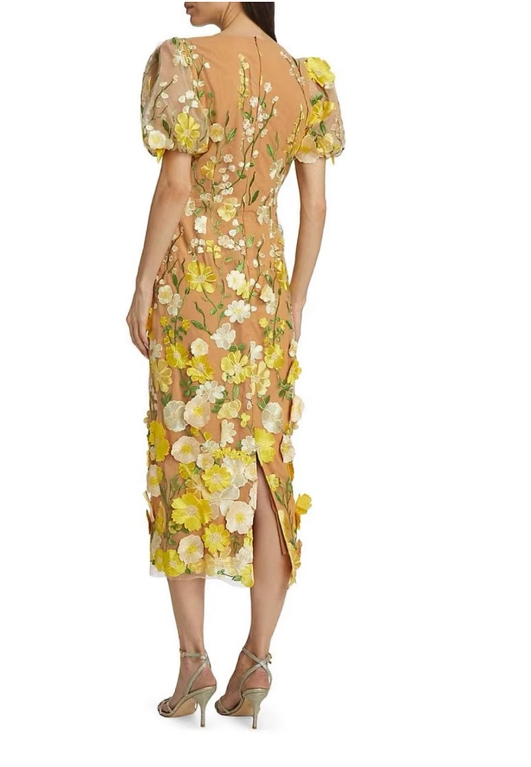 New 3D Flower Embroidered V-Neck Puff Sleeve Dress CA25101605YE