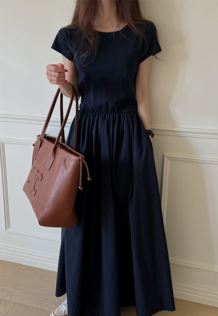 New chic round Neck Pleated Large Simple Graceful Short Sleeve long T shirt Dress
