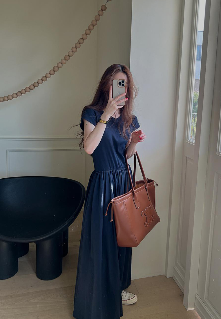 New chic round Neck Pleated Large Simple Graceful Short Sleeve long T shirt Dress