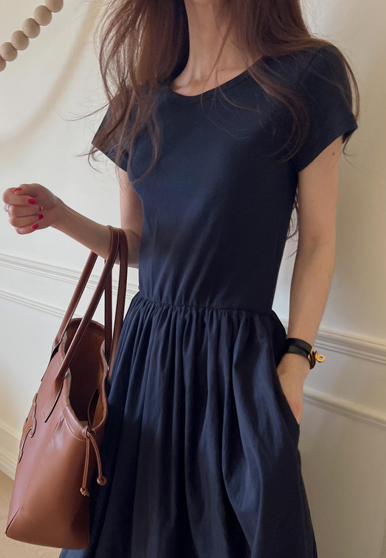 New chic round Neck Pleated Large Simple Graceful Short Sleeve long T shirt Dress