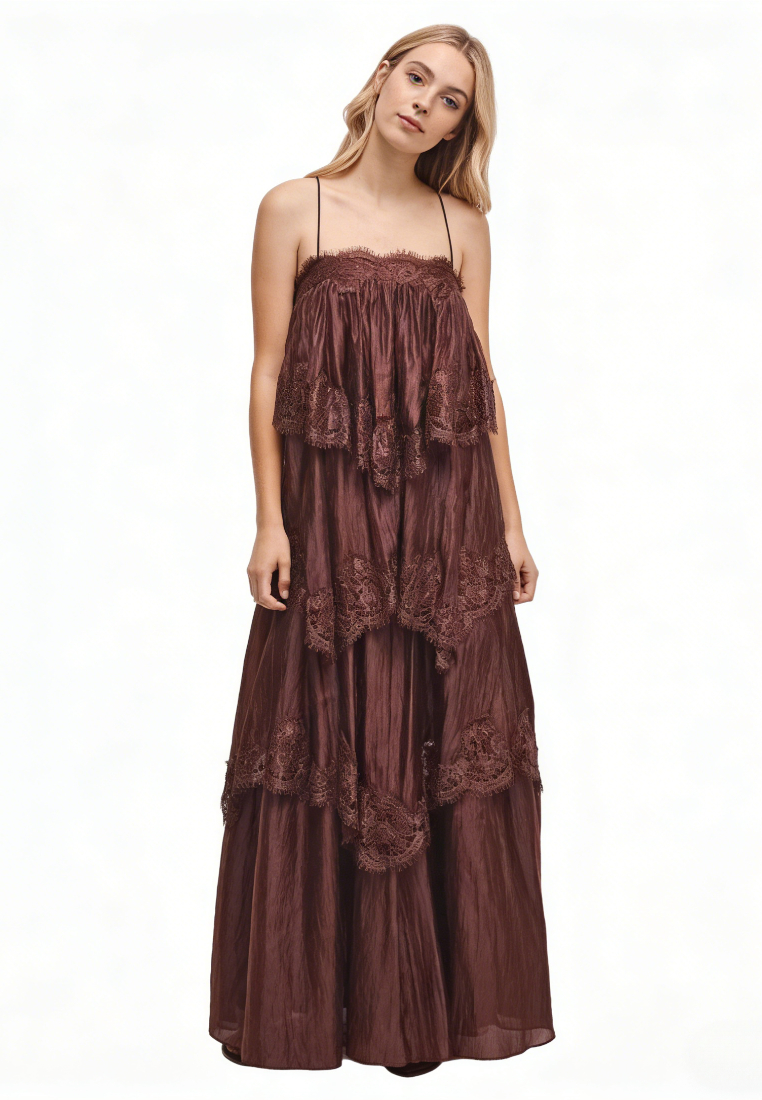 Vintage Ruffle Lace Cami Long Dress Flowy A-Line Beach Casual Maxi Dress K26040906