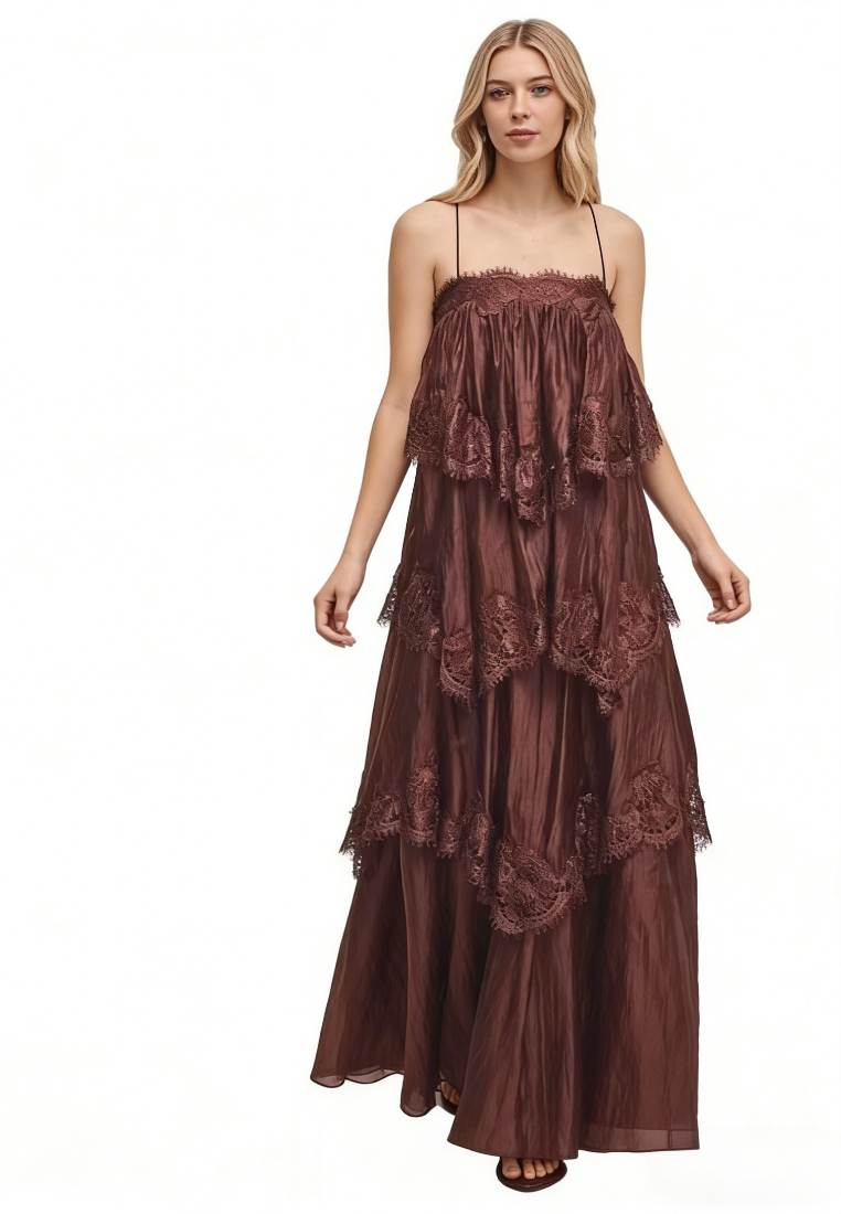 Vintage Ruffle Lace Cami Long Dress Flowy A-Line Beach Casual Maxi Dress K26040906