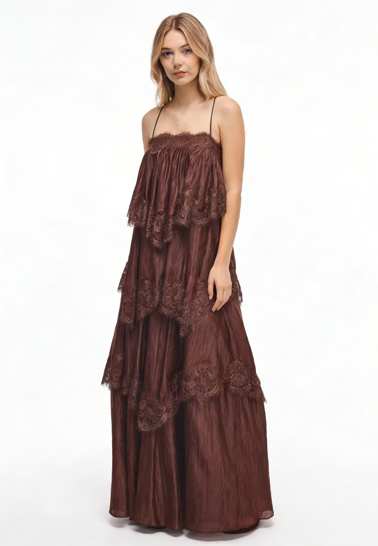 Vintage Ruffle Lace Cami Long Dress Flowy A-Line Beach Casual Maxi Dress K26040906