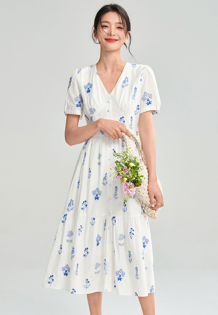 Summer embroidered flower pure cotton French V-neck waist floral dress CA25052905W