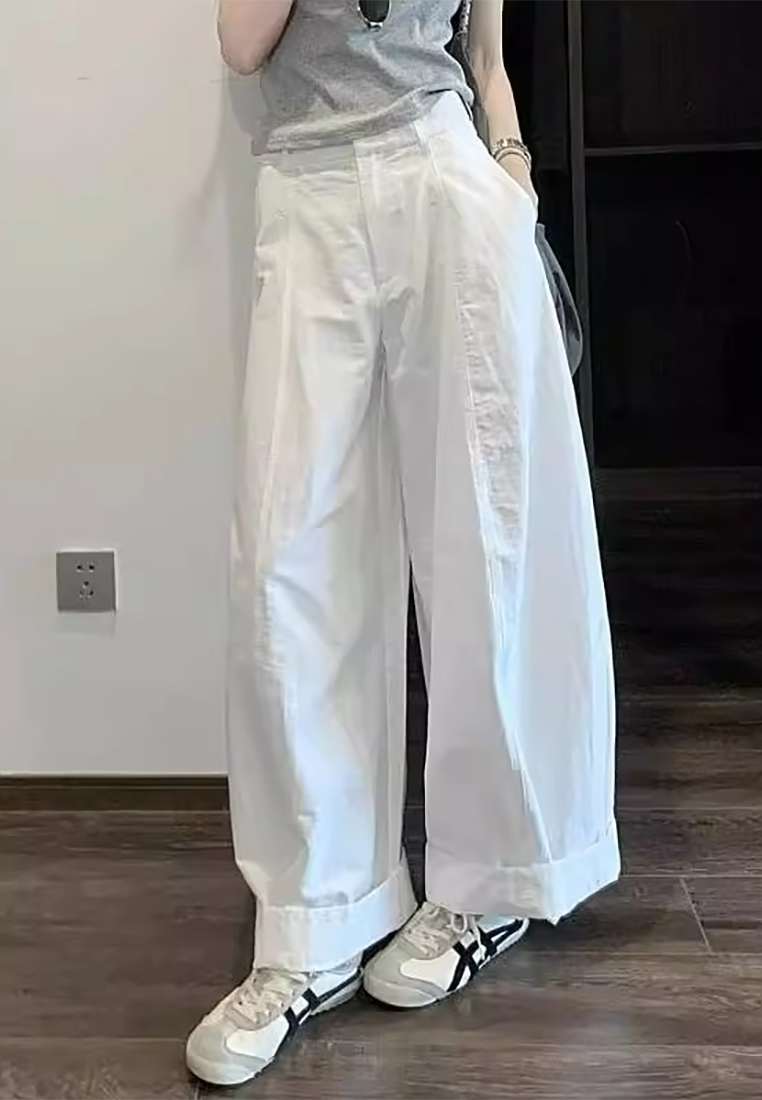 Korean-style white loose straight workwear wide-leg pants CA25061705W