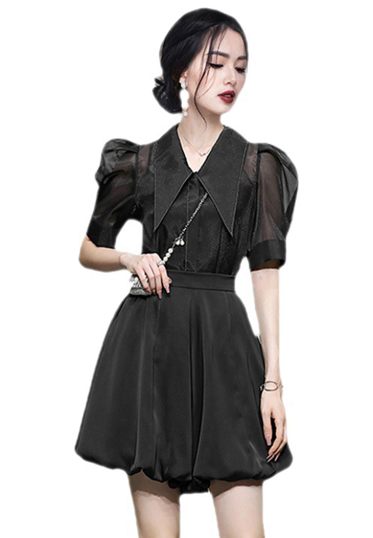 Bubble sleeve top high waisted shorts set CA250325305BK