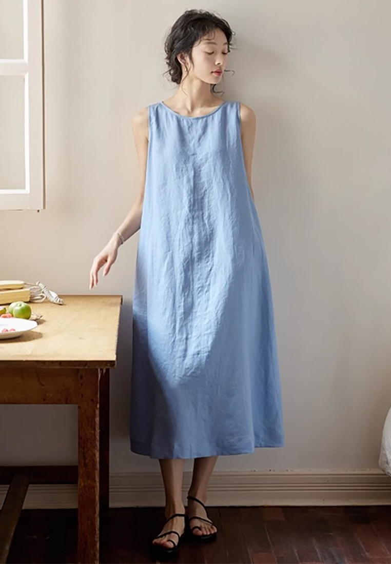New summer sky blue cotton and linen new Chinese style vest dress CA25070905BL