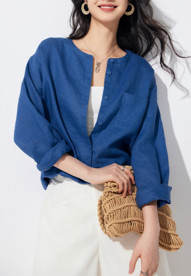 New French round neck linen drop shoulder loose shirt CA25100905BL