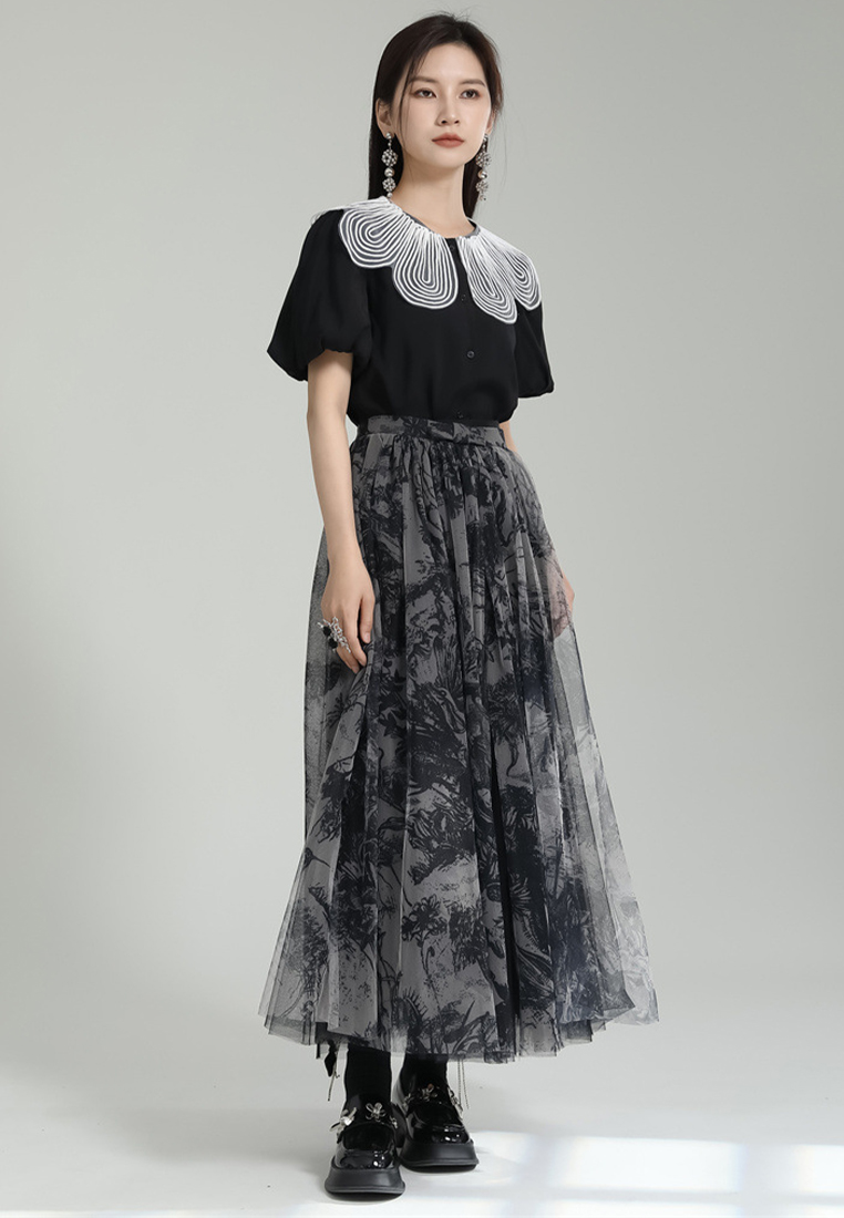 2024 Printtwo-piece set summer A-line high waisted mid length skirt CA24030105BK