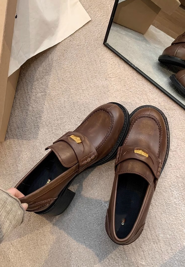 Cowhide British style slip-on thick heel thick sole loafers CA25030316BK