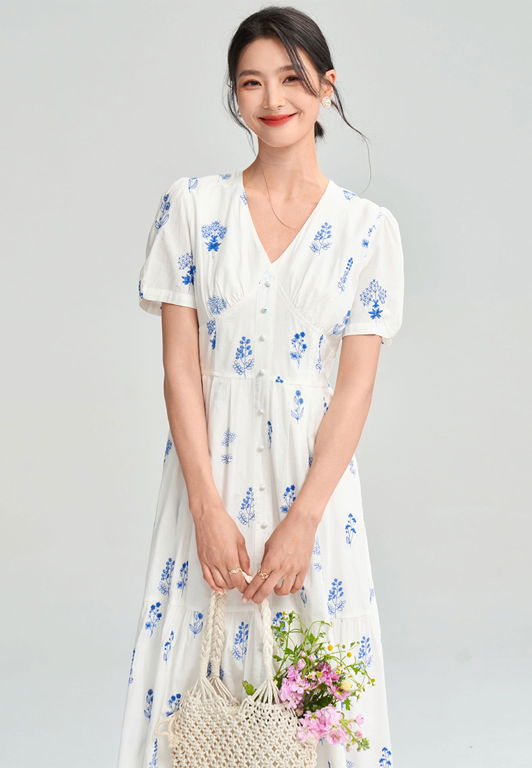 Summer embroidered flower pure cotton French V-neck waist floral dress CA25052905W