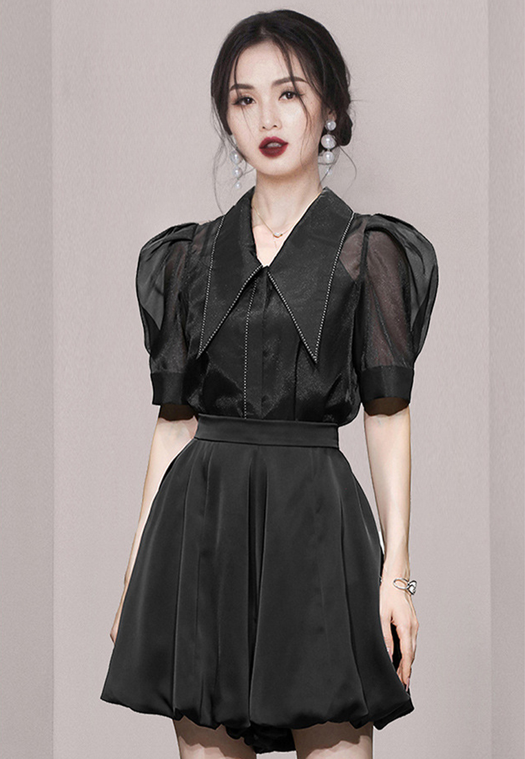 Bubble sleeve top high waisted shorts set CA250325305BK