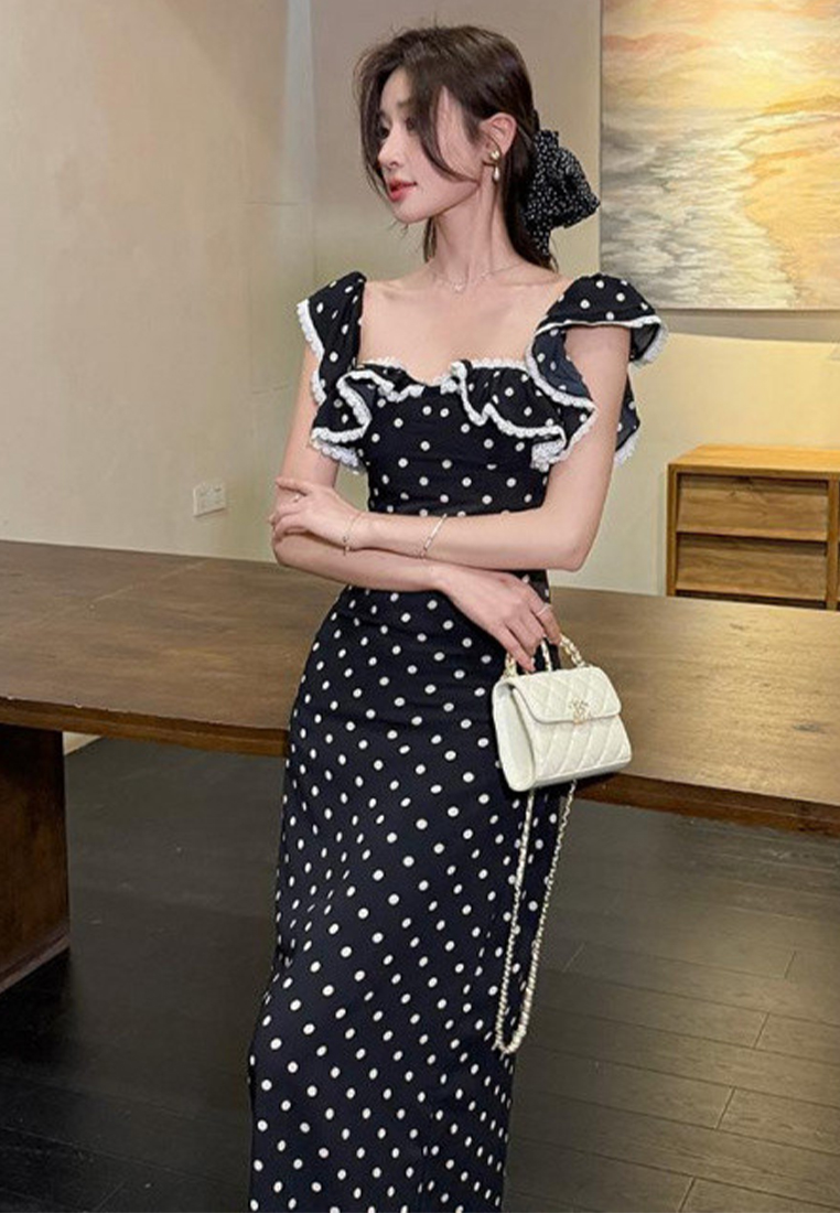 Summer new waist cinching lace lotus leaf polka dot long dress CA25060305BK