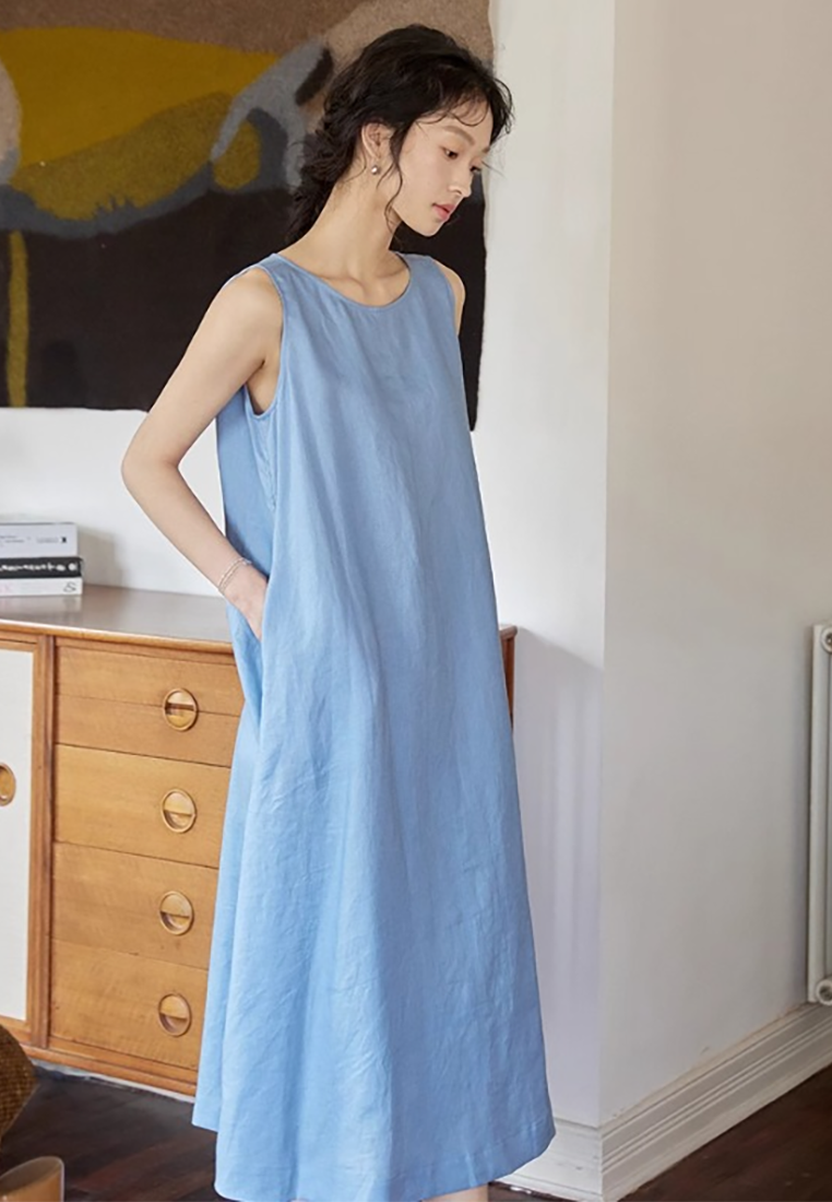 New summer sky blue cotton and linen new Chinese style vest dress CA25070905BL