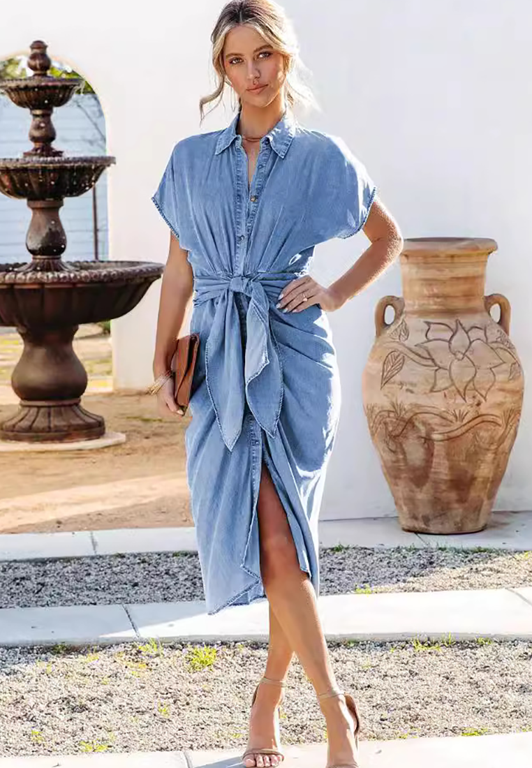 New Shirt Collar Split Pleated Denim Dress CA25091505BL