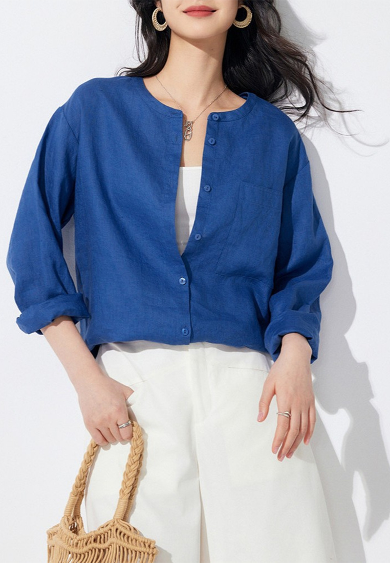 New French round neck linen drop shoulder loose shirt CA25100905BL