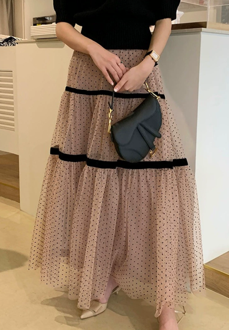 French retro versatile polka dot mesh skirt CA25031905BW
