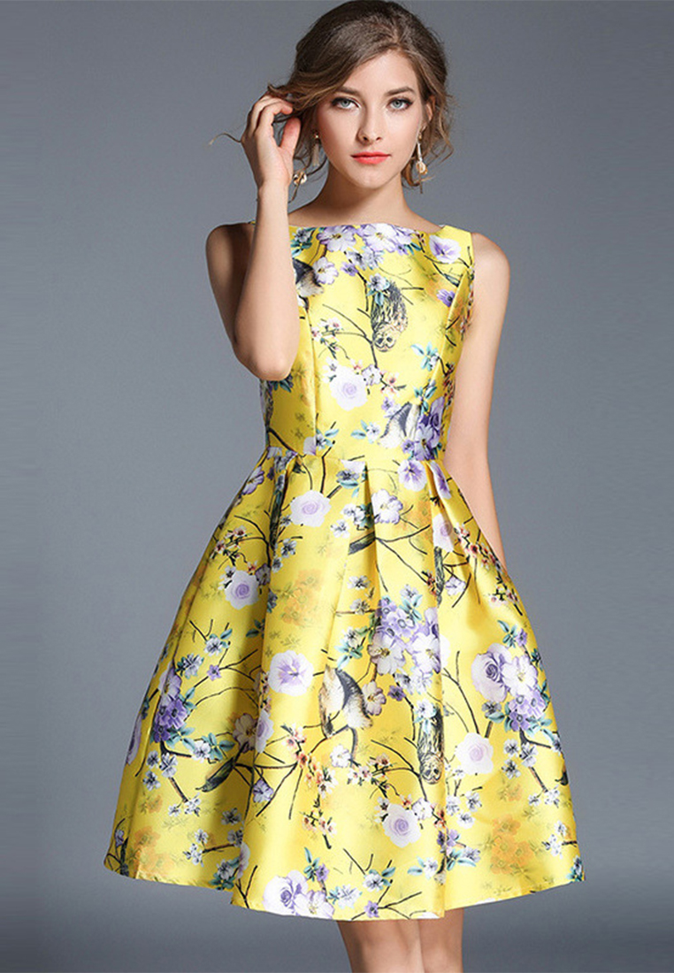 New gold-printed sleeveless temperament dress A021905