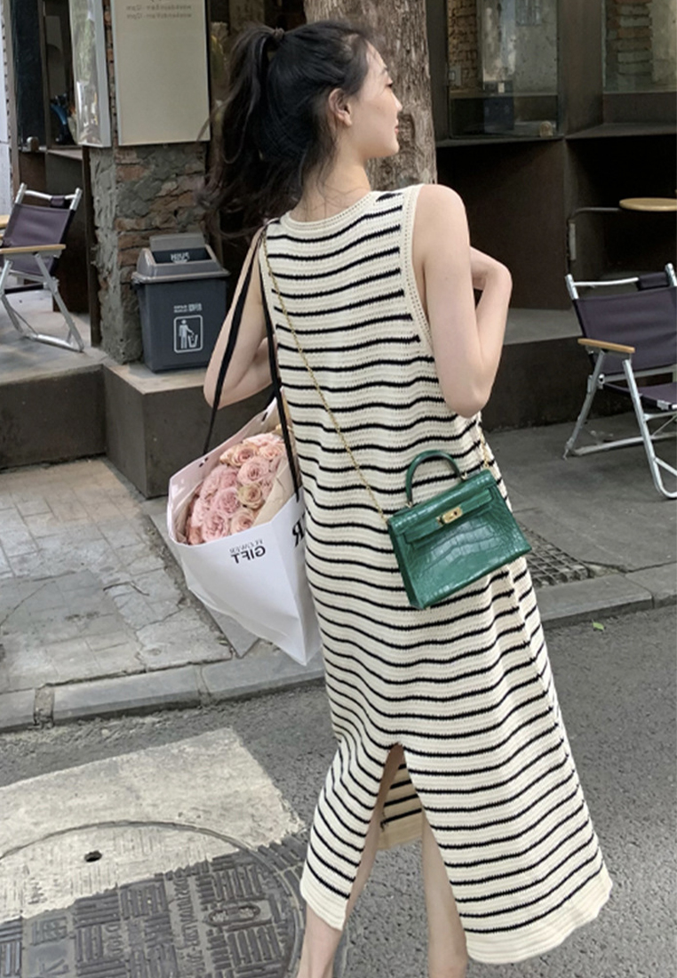 Striped vest summer loose casual sleeveless vest long dress CA24050605