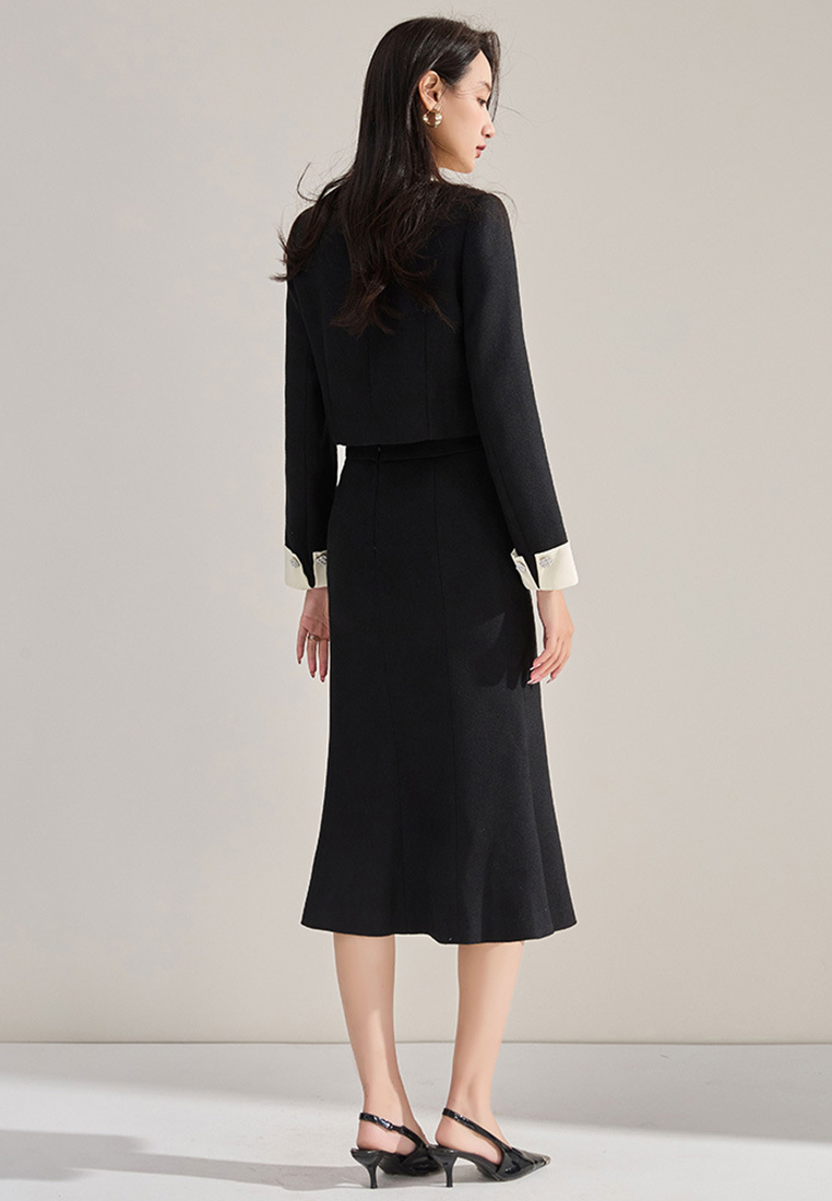 Autumn fashion black splicing coat half skirt set CA24091105BK