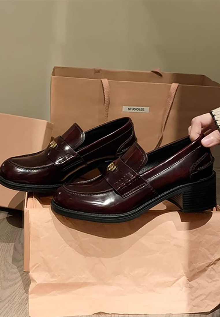 Cowhide British style slip-on thick heel thick sole loafers CA25030316BK