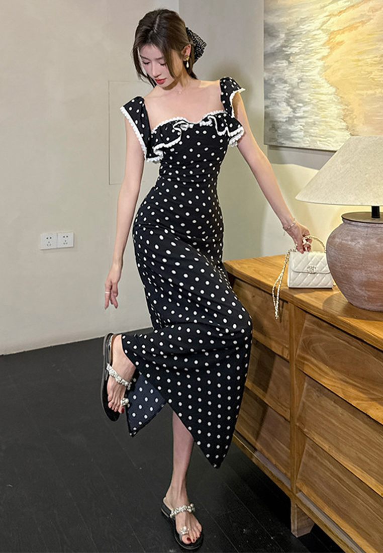 Summer new waist cinching lace lotus leaf polka dot long dress CA25060305BK