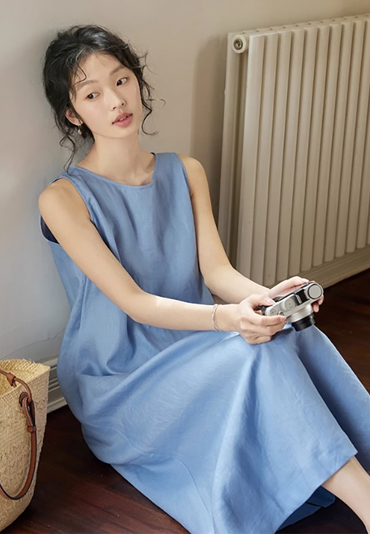 New summer sky blue cotton and linen new Chinese style vest dress CA25070905BL