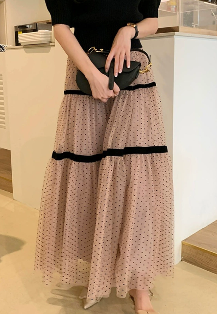 French retro versatile polka dot mesh skirt CA25031905BW