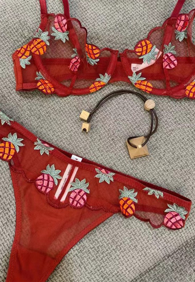 Sexy Ultra-thin Mesh Pineapple Embroidery Lace Lingerie Set CA24112005RD