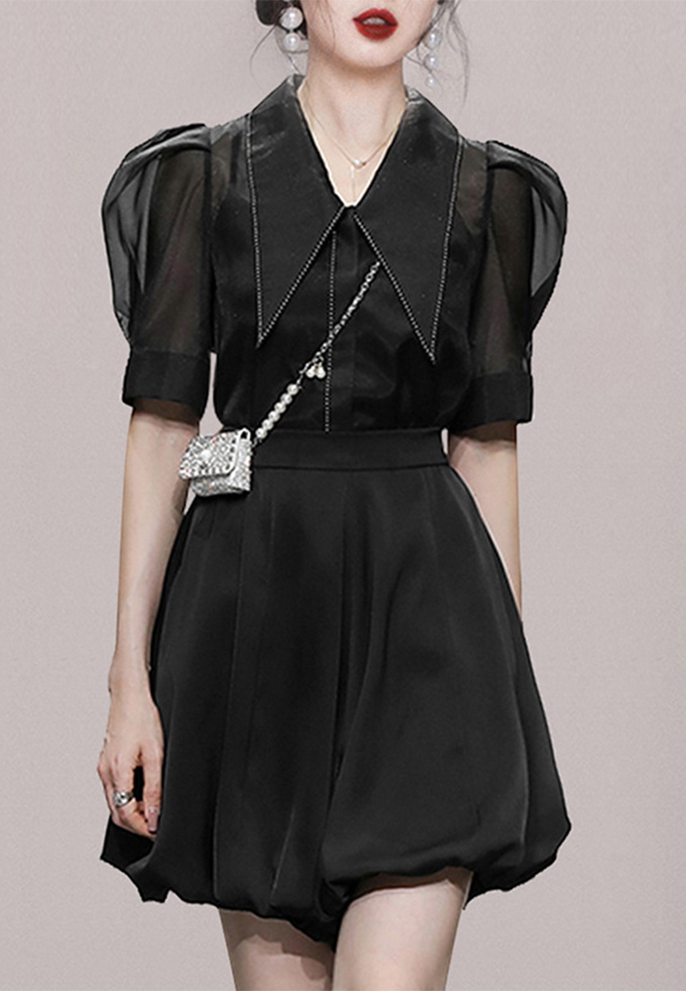 Bubble sleeve top high waisted shorts set CA250325305BK