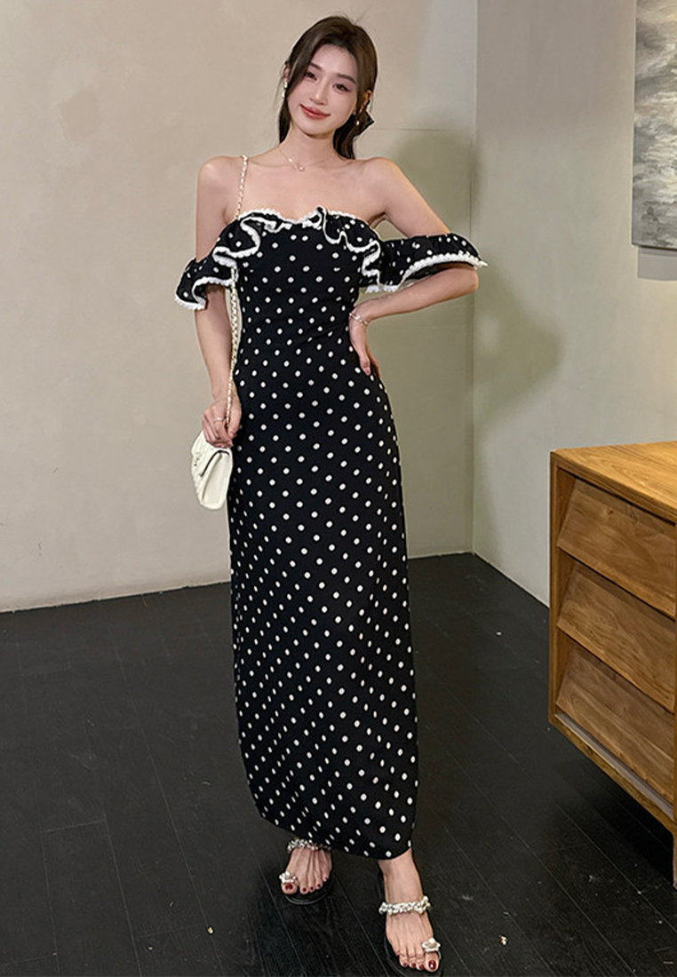 Summer new waist cinching lace lotus leaf polka dot long dress CA25060305BK