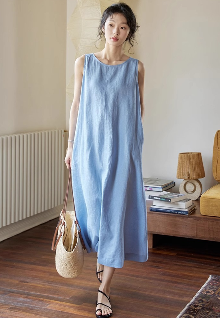 New summer sky blue cotton and linen new Chinese style vest dress CA25070905BL