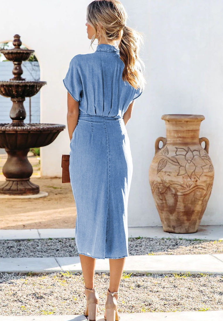 New Shirt Collar Split Pleated Denim Dress CA25091505BL