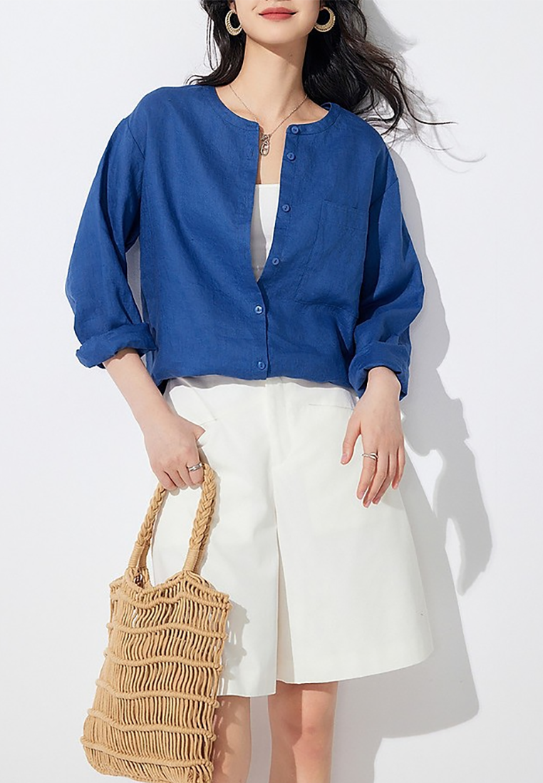 New French round neck linen drop shoulder loose shirt CA25100905BL